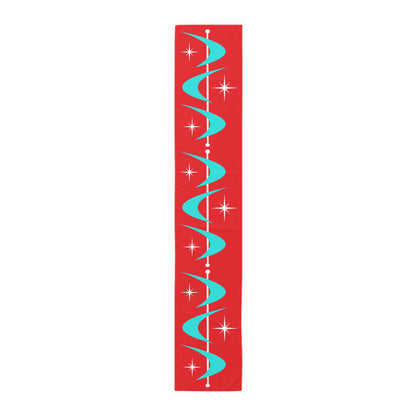 Retro Christmas Red Atomic Boomerang Mid Century Modern Aqua Blue, White Star Burst Table Runner - Mid Century Modern Gal