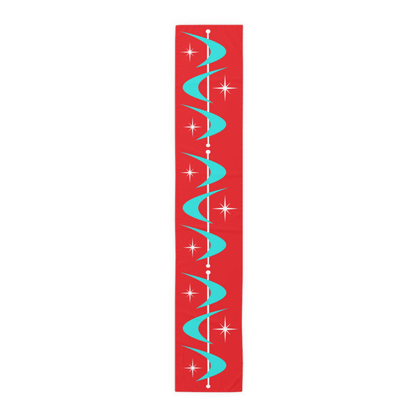 Retro Christmas Red Atomic Boomerang Mid Century Modern Aqua Blue, White Star Burst Table Runner