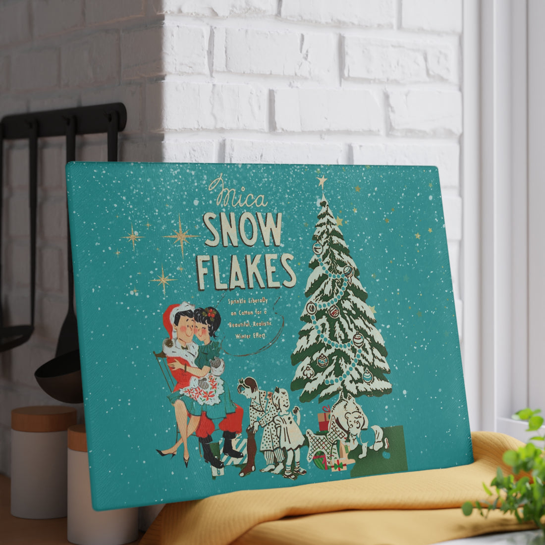 Mid Century Modern Christmas Kitsch,  50s Inspired Mica Snow Cheesboard Glass Cutting Board - Mid Century Modern Gal