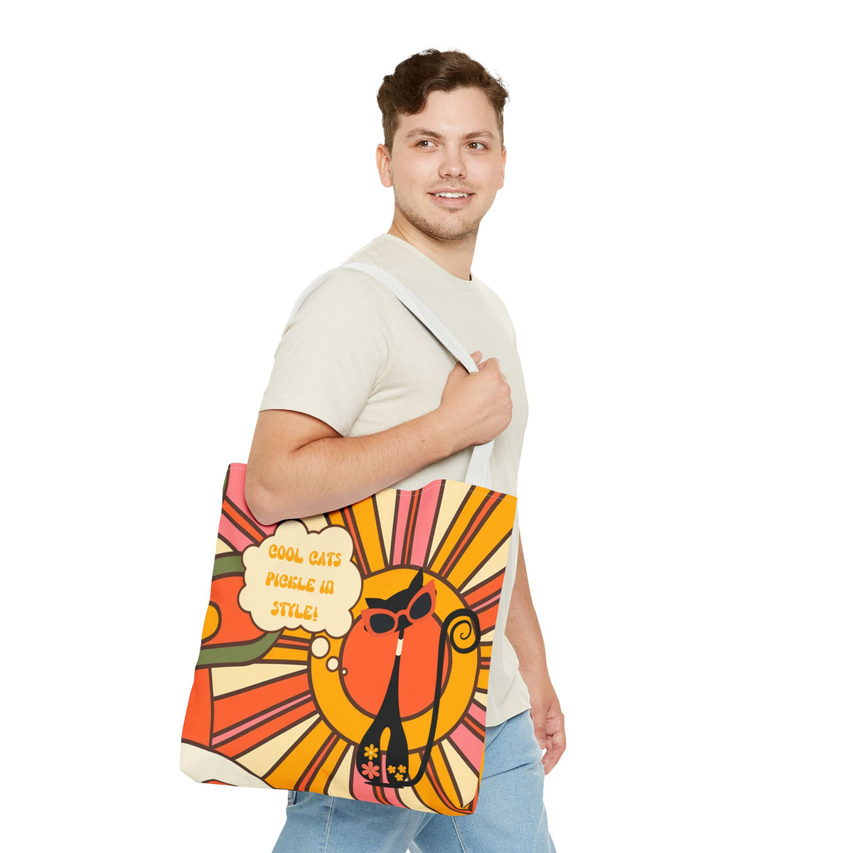 Retro tote bag featuring a groovy cat design with vibrant colors and a playful pickleball theme, perfect for cat lovers.