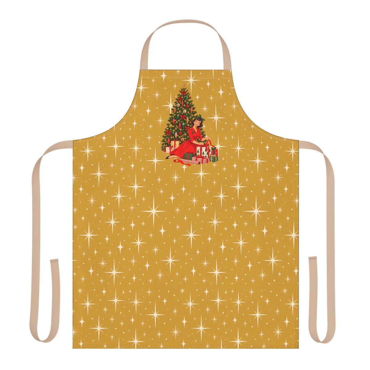 Mid Century Modern Christmas Glamour Gal Wrapping Presents by Tree, Gold Atomic Starbursts Apron