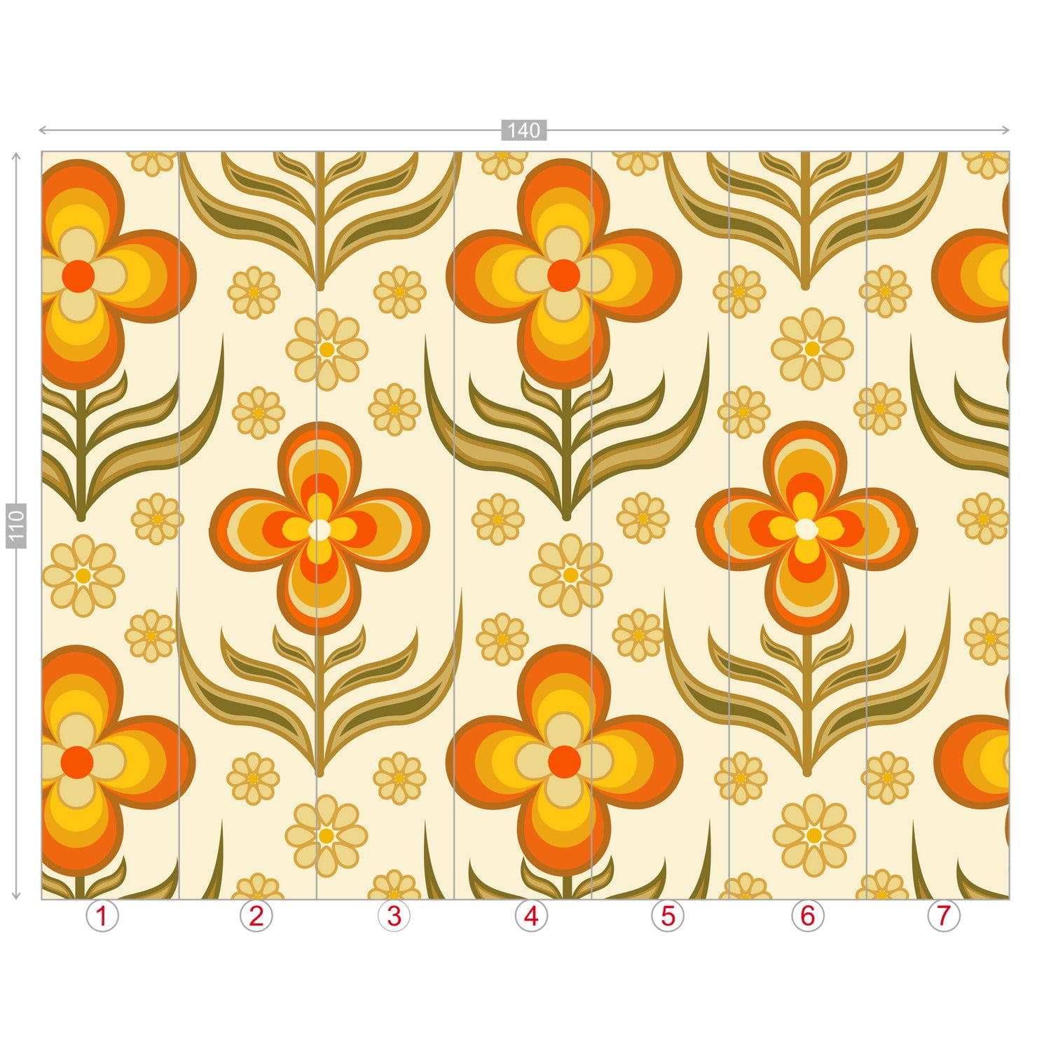 Flower Power, Scandinavian Floral Wallpaper, Peel And Stick Orange, Yellow Green Wall Mural