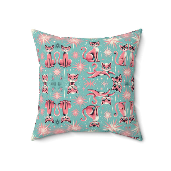 1950's Pink Kitty Cats, Quirky Kitschy Aqua Blue, Pink, MCM Pillow And Cover