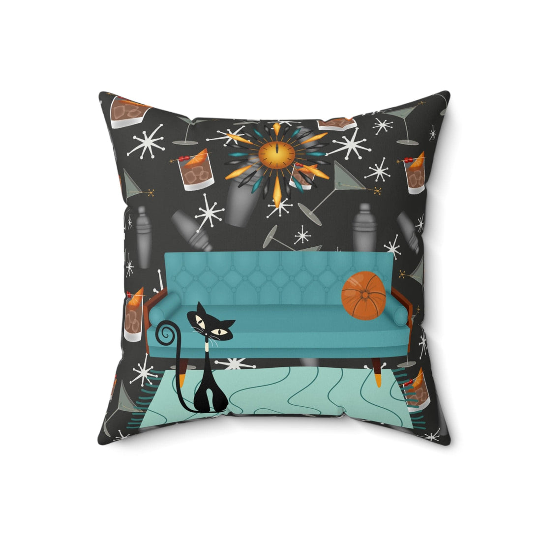 Atomic Cat And Cocktails Mid Century Modern Kitschy 50s Style Pillow And Insert Home Decor 18&quot; × 18&quot;