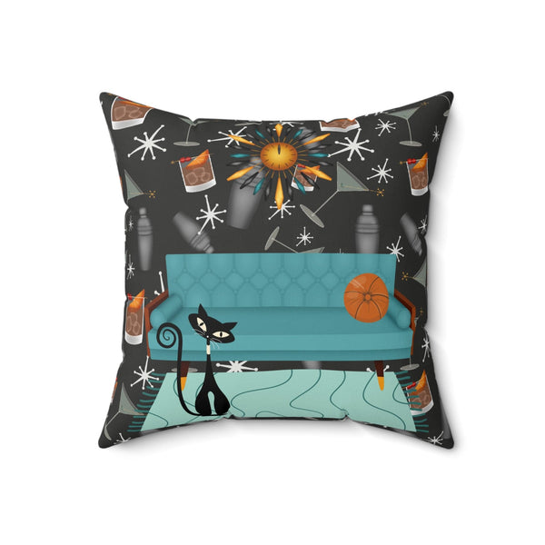 Atomic Cat And Cocktails Mid Century Modern Kitschy 50s Style Pillow And Insert