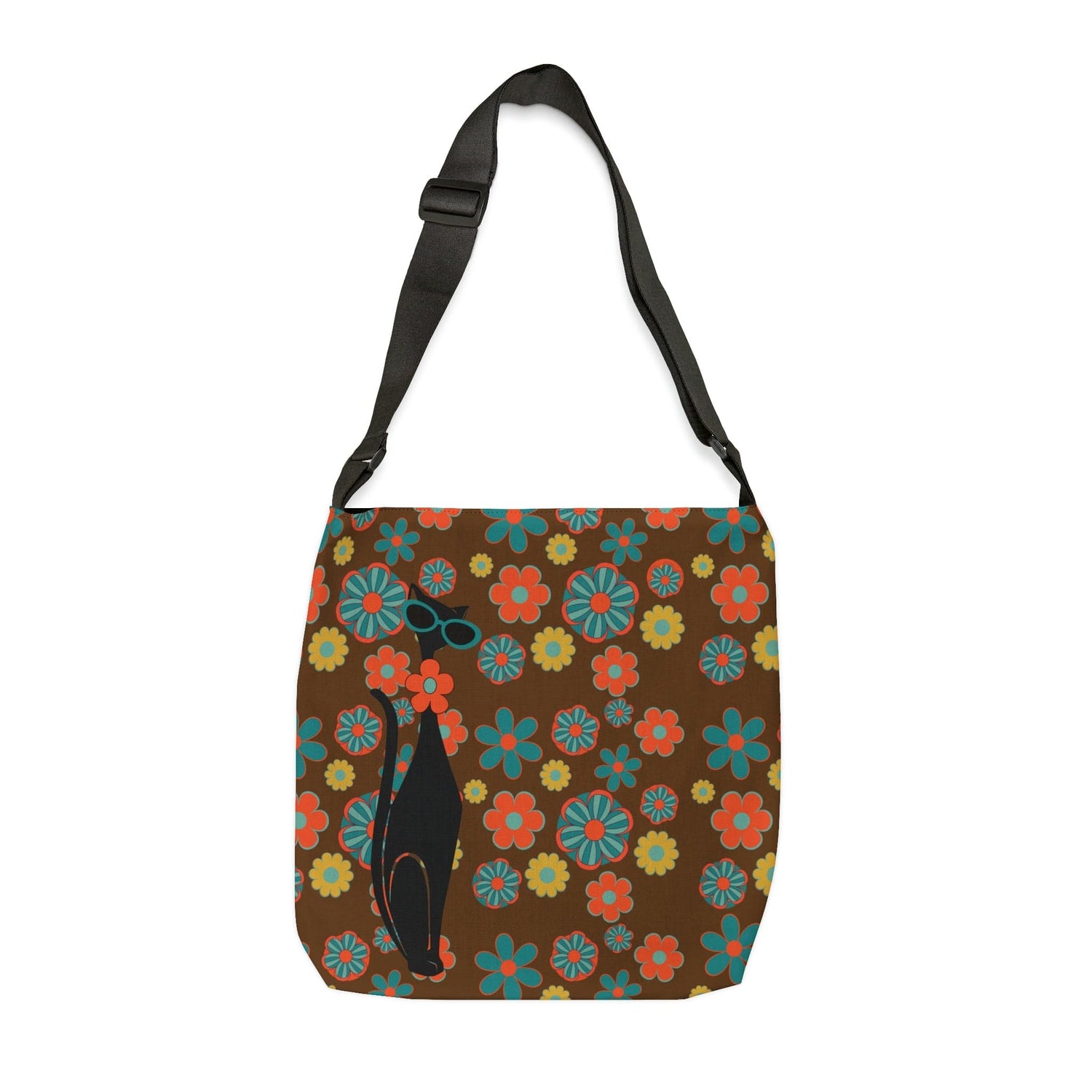 Atomic Cat, Flower Power, Hippie Style, Brown, Orange, Teal Adjustable Tote Bag Bags 18&quot; × 18&