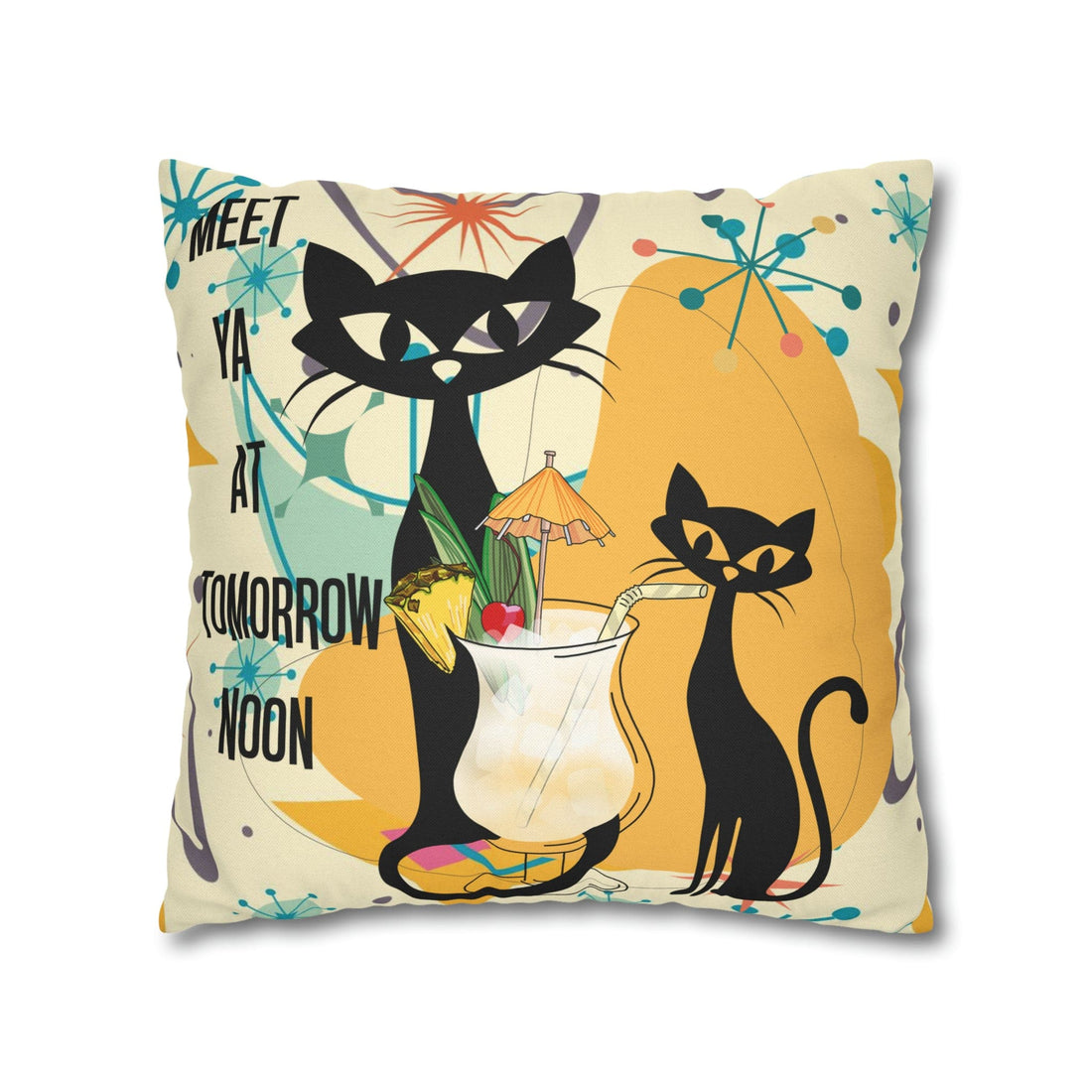 Atomic Cat, Funny Pillow For Cat Lovers, Cats, Pina Colada, Cocktails Mid Century Modern Pillow Case Home Decor 18&quot; × 18&quot;