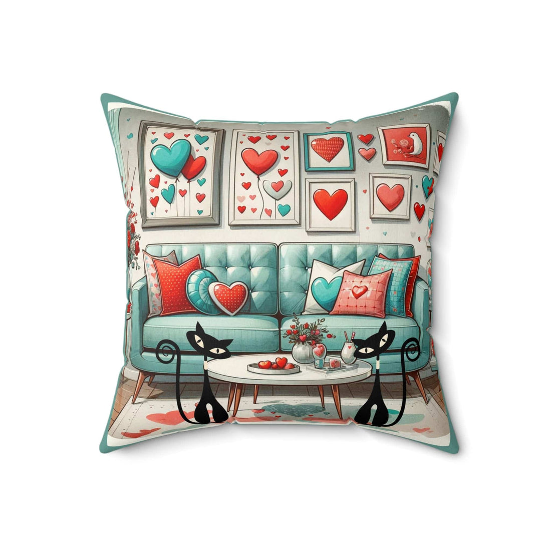 Atomic Cat Valentine Kitsch, Aqua, Red, Mid Century Modern, Valentine Love Pillow And Insert Home Decor 18&quot; × 18&quot;