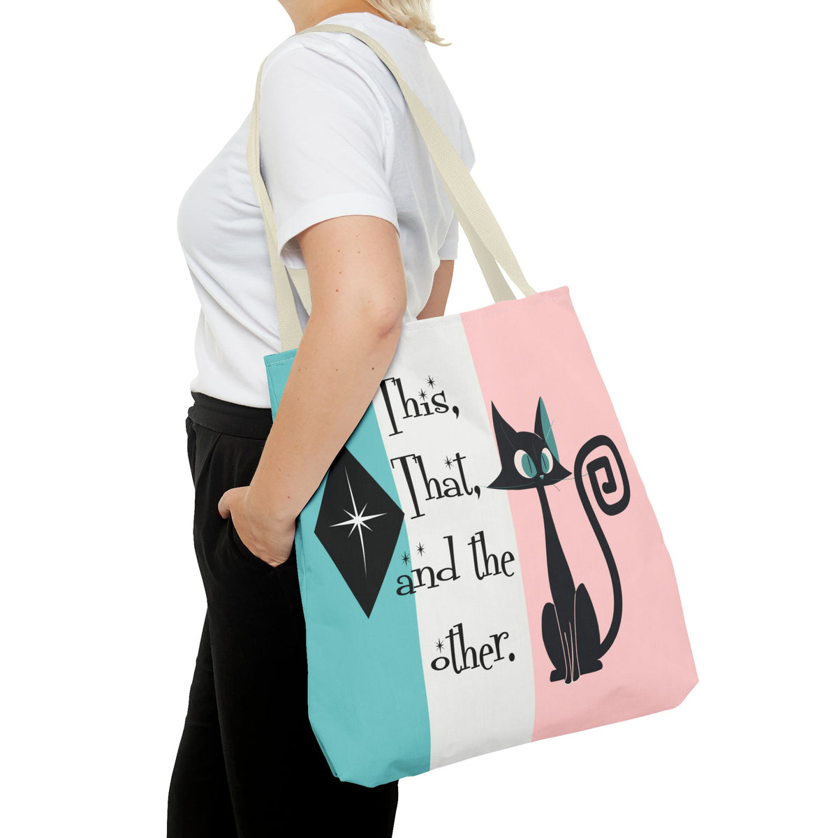 Atomic Kitty Cat, Shopping Tote Bag, Teacher, Cat Mom, Random Stuff Cute Kitschy Tote Bags 18" × 18'' / Beige