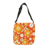 Flower Power Groovy Orange, Mod Daisy, Yellow Flowers Hip Retro Adjustable Tote Bag Bags 18" × 18&