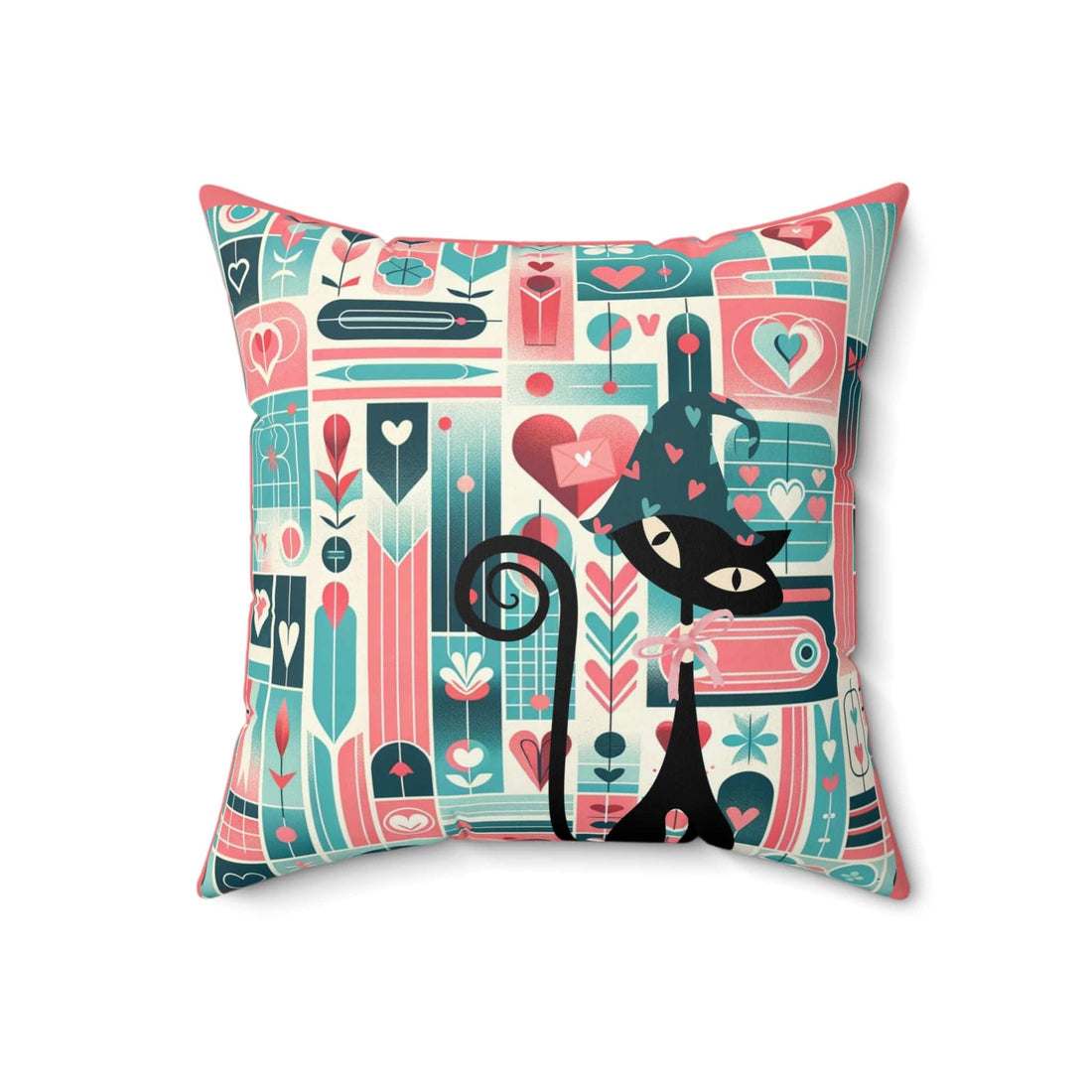 Kitschy Atomic Valentine Cat, Mid Century Modern, Aqua, Pink, Teal, Love Pillow And Insert Home Decor 18&quot; × 18&quot;