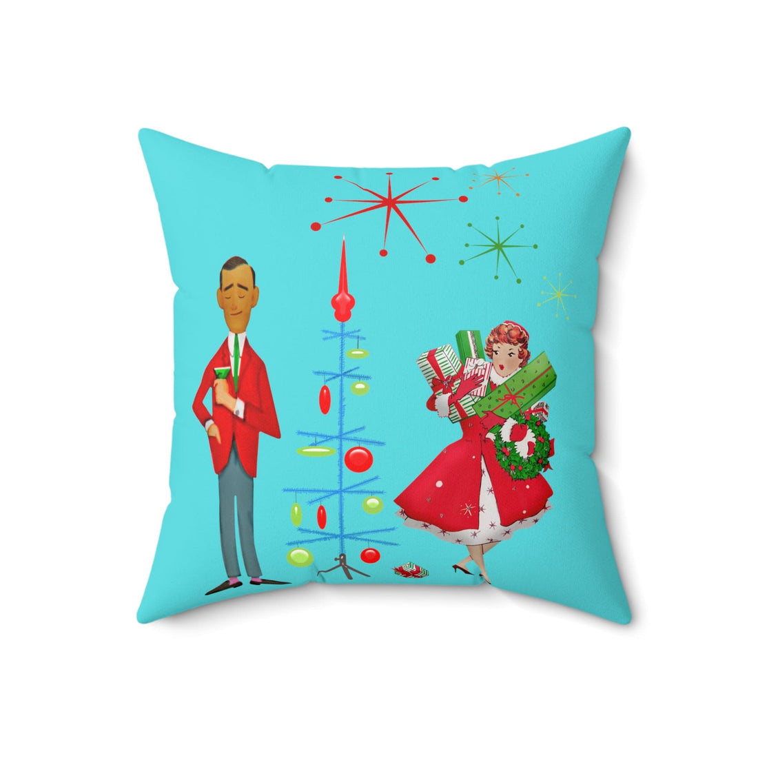 Mid Century Christmas, His And Her, Kitschy Cute, Vintage Mod Aqua Blue, Red, Candy Cane Pillow And Insert Home Decor 18&quot; × 18&quot;