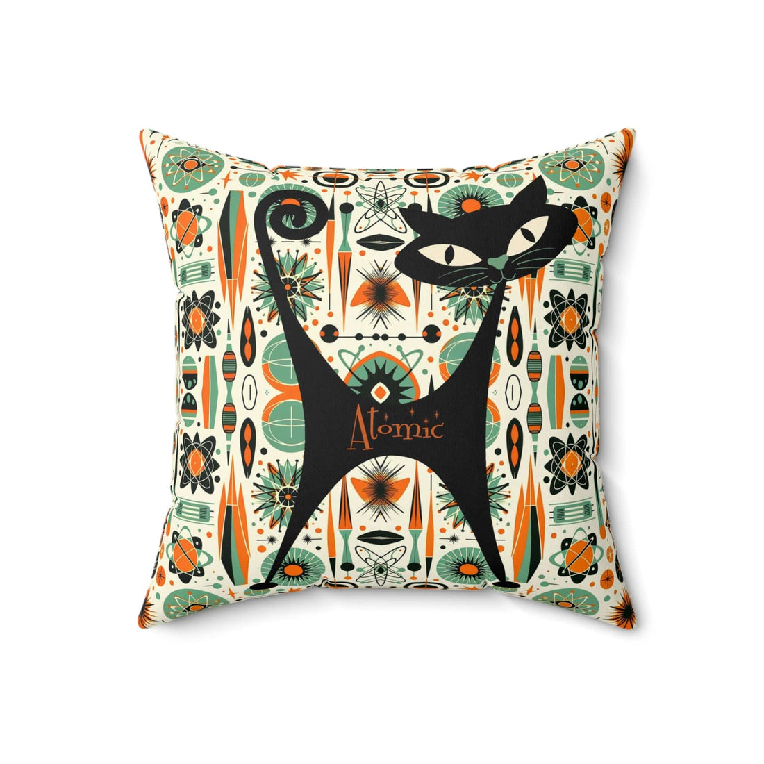 Mid Century Modern Atomic Cat, Orange, Green, Sputnik, Starburst MCM Retro Pillow And Insert Home Decor 18&quot; × 18&quot;