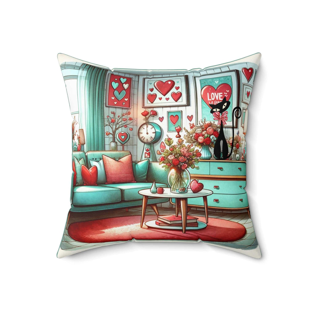 Mid Century Modern Atomic Cat, Valentine Kitsch Love Pillow, Pink, Aquas, Red, Retro Valentine Pillow And Insert Home Decor 18&quot; × 18&quot;