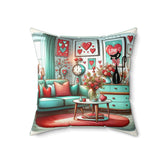 Mid Century Modern Atomic Cat, Valentine Kitsch Love Pillow, Pink, Aquas, Red, Retro Valentine Pillow And Insert Home Decor 18" × 18"