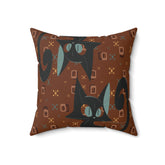 Mid Century Modern Atomic Space Kitty Cat, Kitschy Retro Brown, Geometric, Starbursts, MCM Pillow And Insert Home Decor 18" × 18"