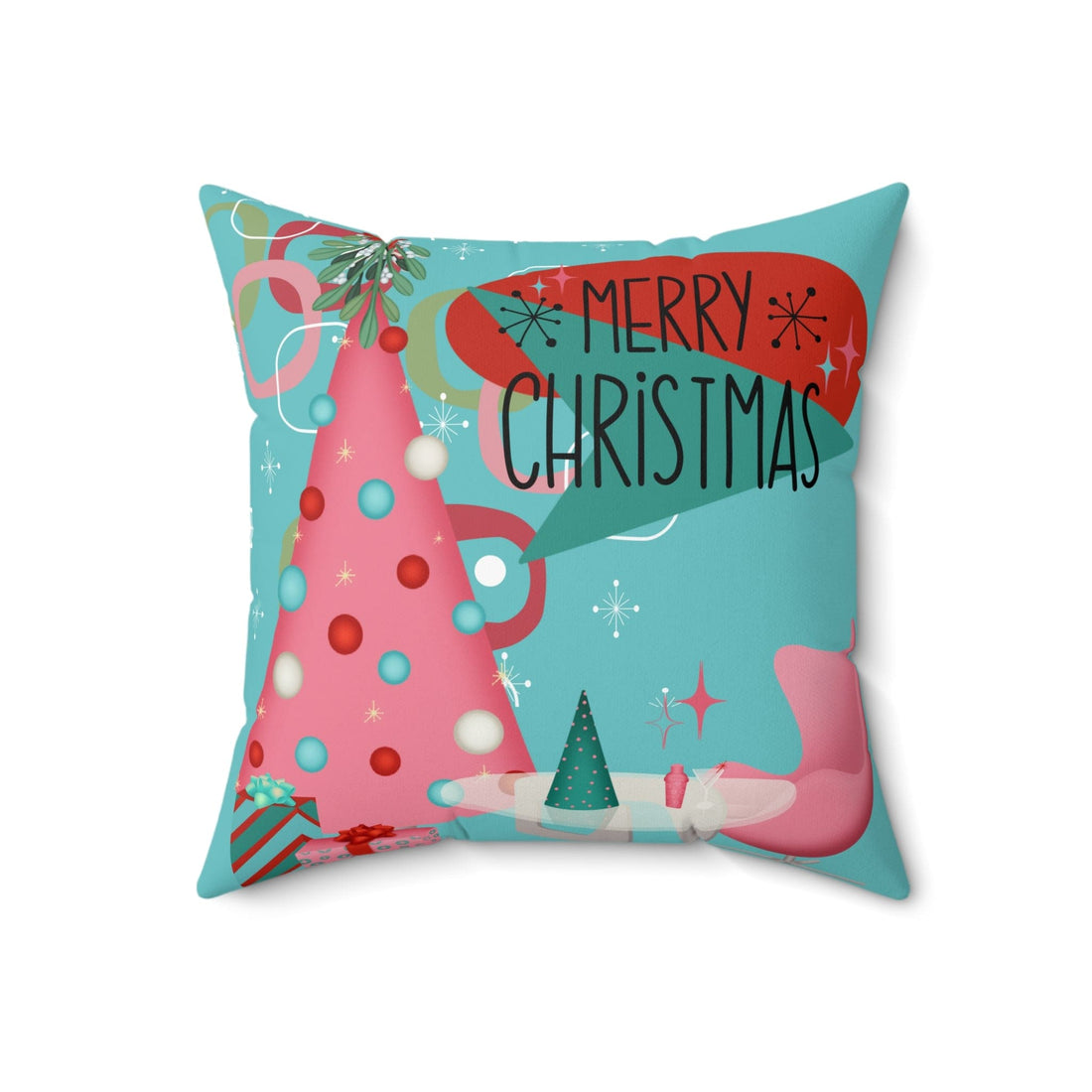 Mid Century Modern Christmas Pillow, Aqua Pink, Whimsical Holiday Kitsch Polyester Square Pillow Home Decor 18&quot; × 18&quot;