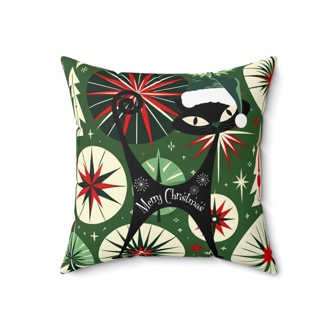 Mid Century Modern Christmas Pillow, Atomic Cat, Starbursts, Sputnik Designs, Green, Red Pillow And Insert Home Decor 18&quot; × 18&quot;