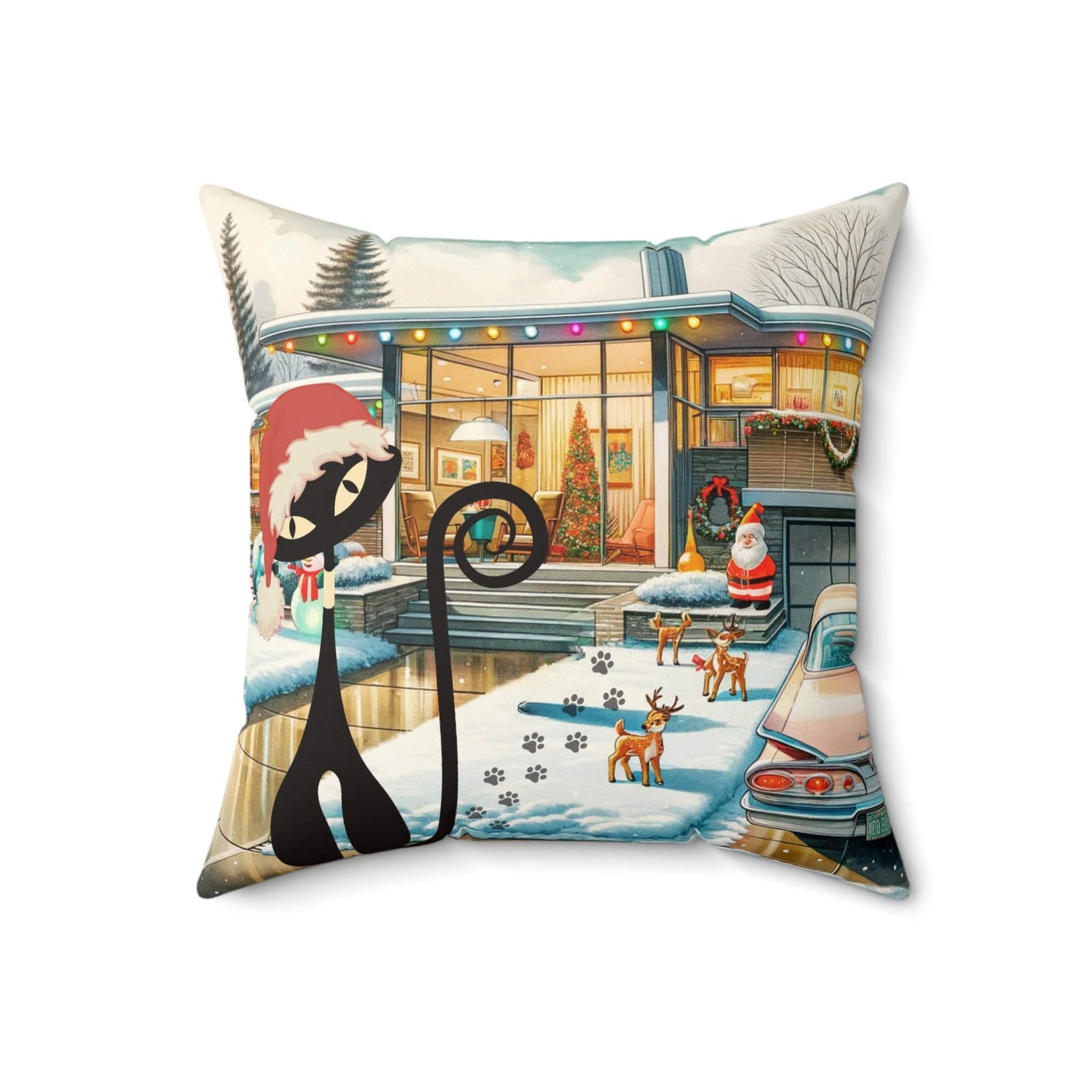 Mid Century Modern Christmas Pillow Gift, Wishing You A Blast Of Joy This Holiday Season, Atomic Cat, Kitschy Style Pillow And Insert Home Decor 18&quot; × 18&quot;
