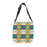 Mid Century Modern, Teal, Orange, Geometric Starburst Retro Adjustable Tote Bag Bags 18" × 18&