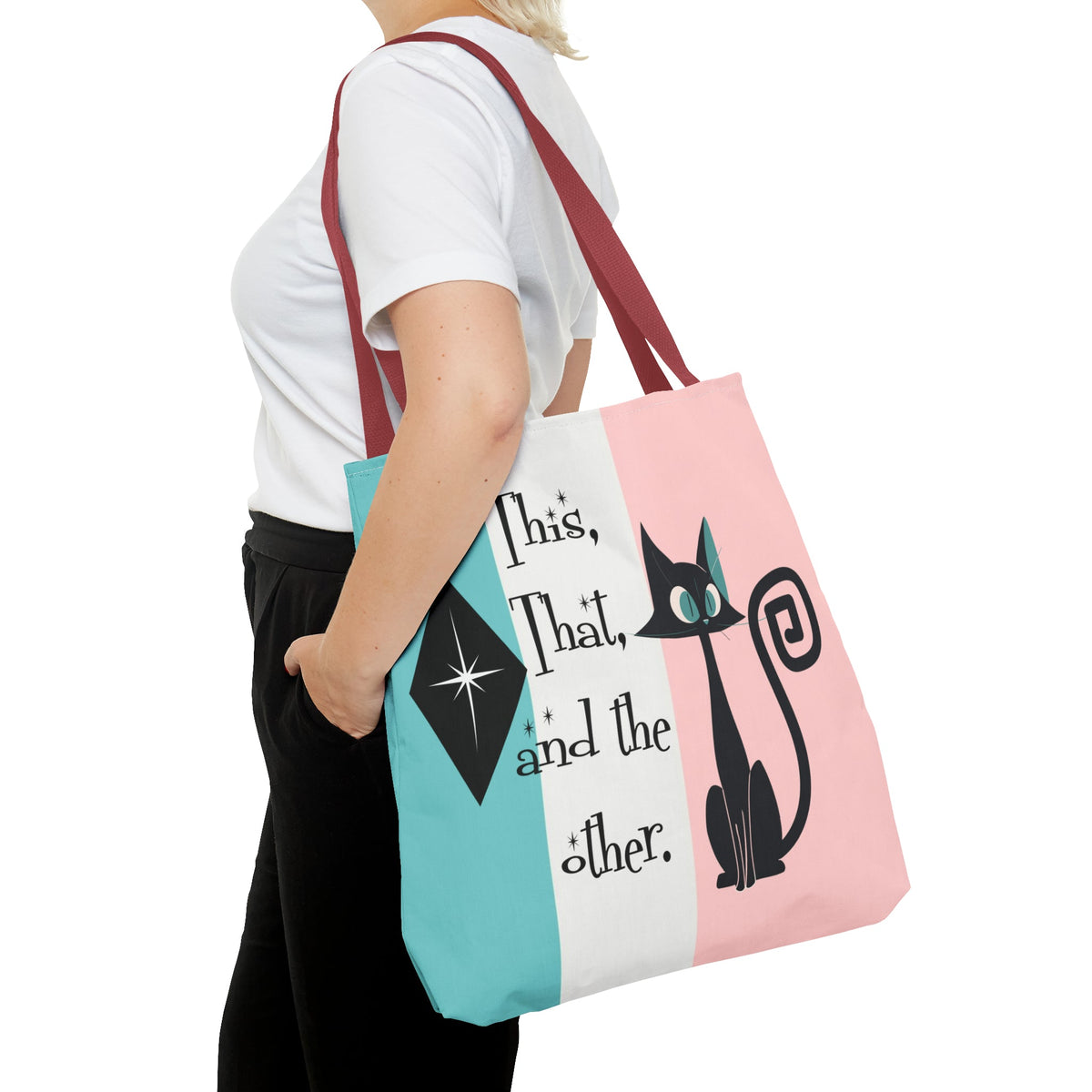 Atomic Kitty Cat, Shopping Tote Bag, Teacher, Cat Mom, Random Stuff Cute Kitschy Tote Bags 18" × 18'' / Red