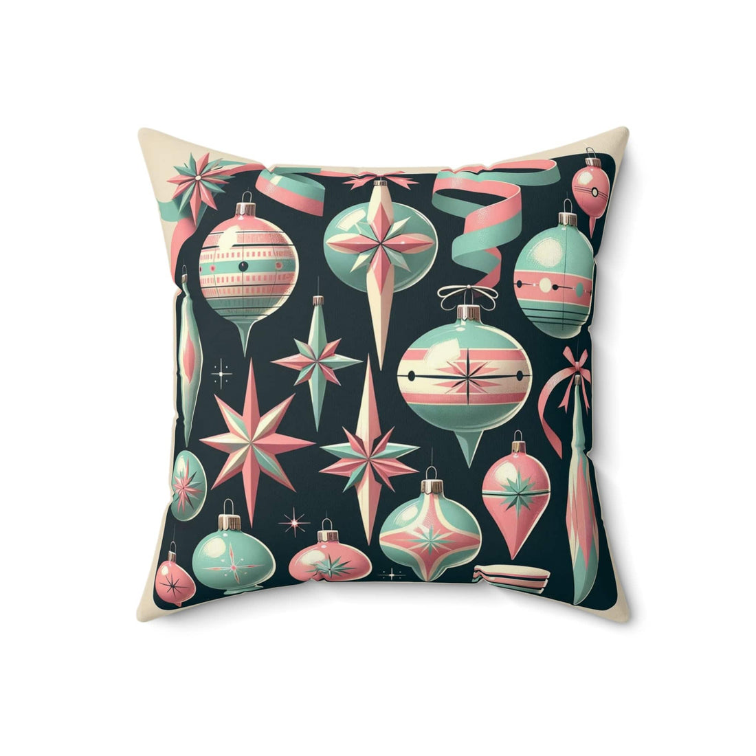 Shiny Brite Ornaments Mid Century Modern Christmas Pillow, Pink, Aqua, MCM Pillow And Insert Home Decor 18&quot; × 18&quot;