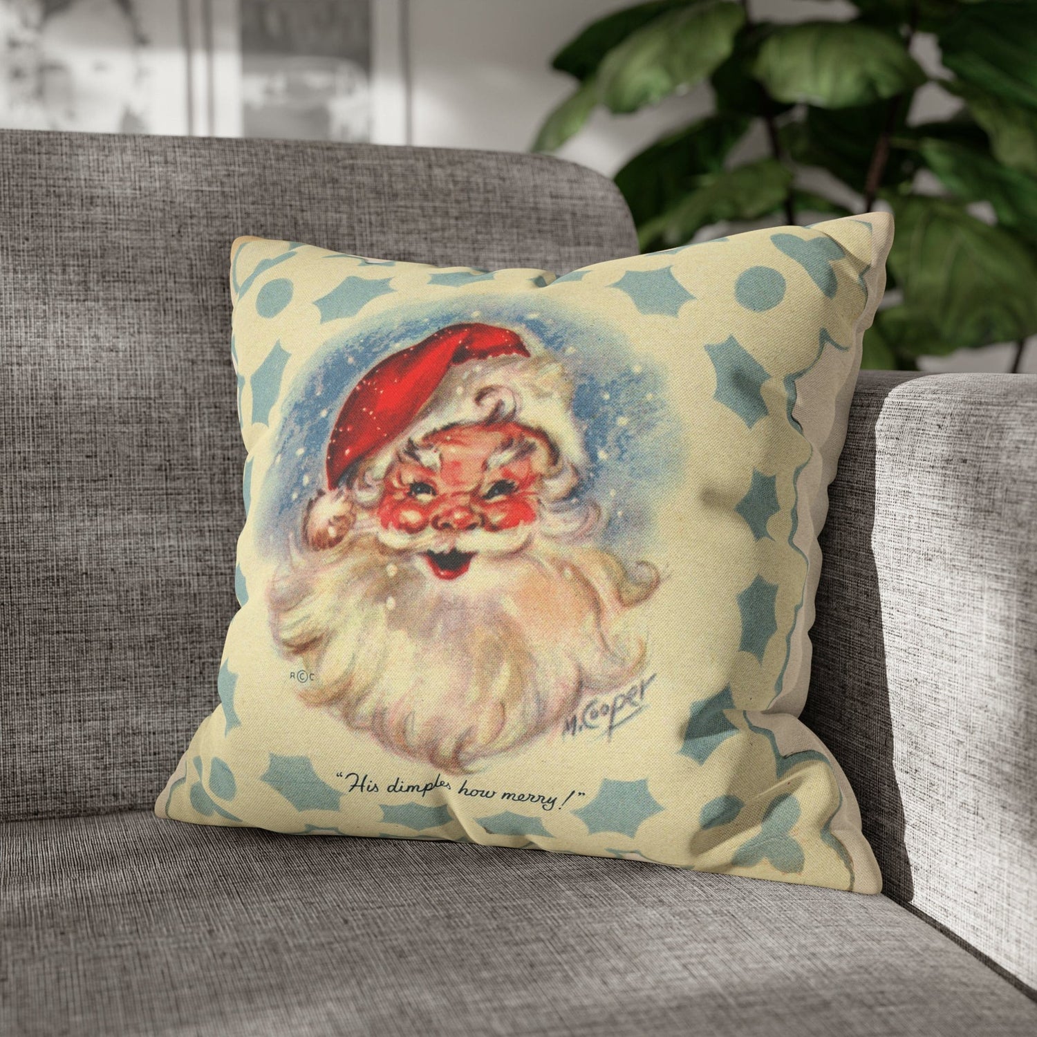 Vintage Santa, Christmas Snowflake, Smiling Santa Pillow Cover Home Decor 18&quot; × 18&quot;