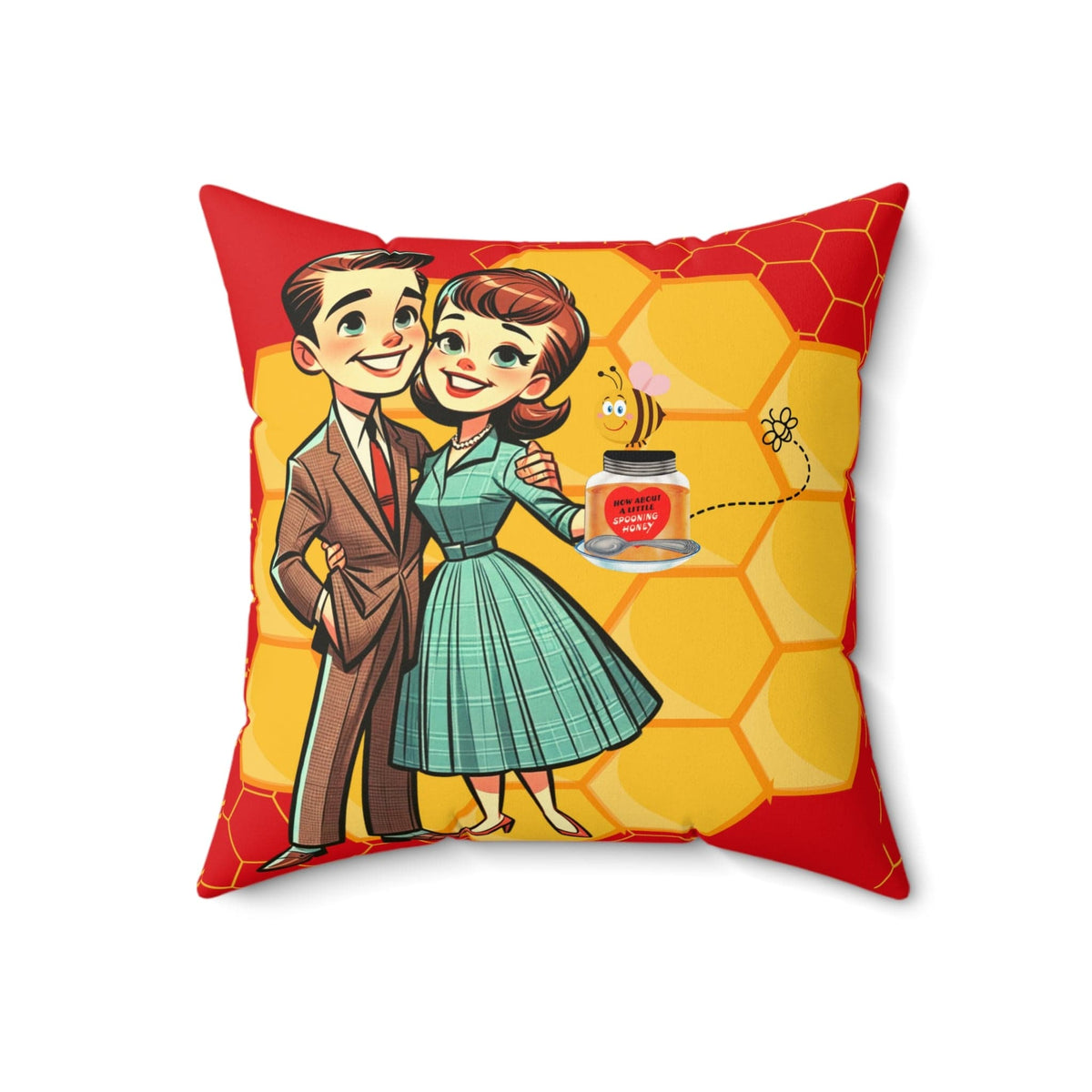 Vintage Valentine, 50s Mid Century Modern Kitschy Cute Couple, Bedroom, Livingroom Honeycomb Bee Love Honey Pillow And Insert Home Decor 18" × 18"