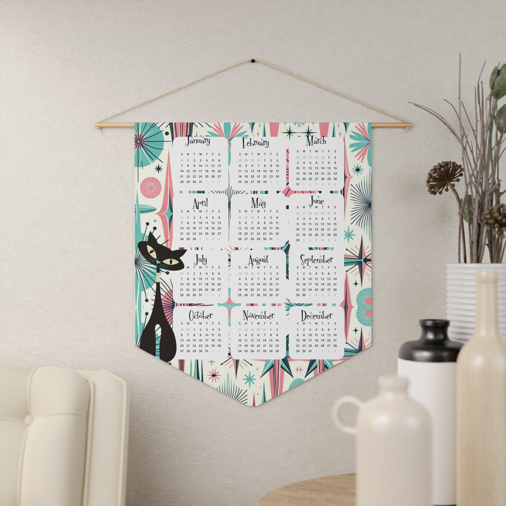 Atomic Cat Art Mid Century Modern 2024 Wall Pennant Office Desk Cale   18 X 21 Atomic Cat Art Mid Century Modern 2024 Wall Pennant Office Desk Calendar Aqua Teal Pink 35971313762459 