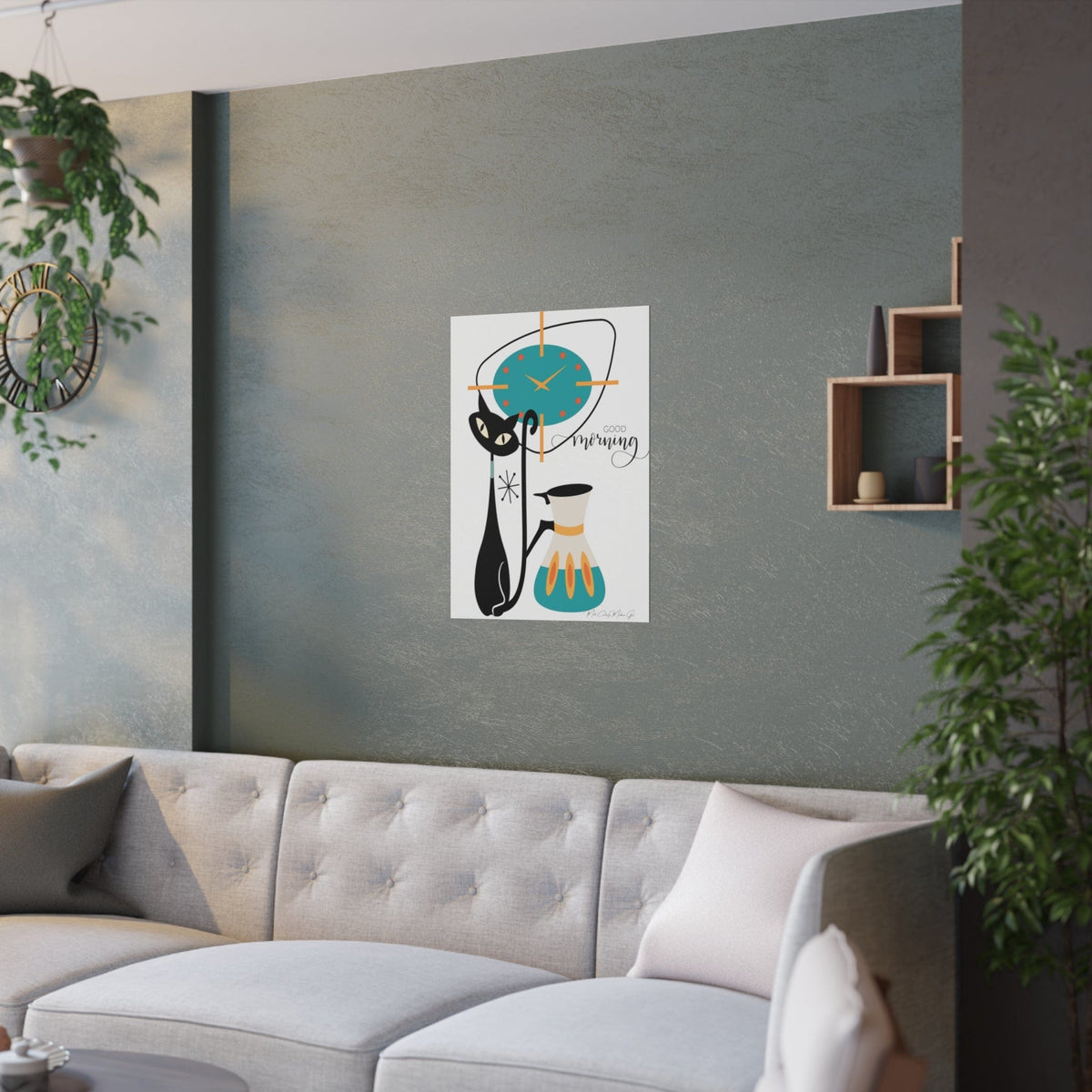 Atomic Cat, Mid Century Modern Kitchen Art, Atomic Clock, Good Morning, Kitchen Coffee Lover, Cat Momf Retro Satin Posters Poster 18″ x 24″