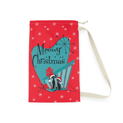 Mid Century Modern Christmas Bag Present Sack, Gift Sack, Atomic Cats, Meowy Christmas Red And Aqua Christmas Decor Home Decor 18&quot; × 29&quot;