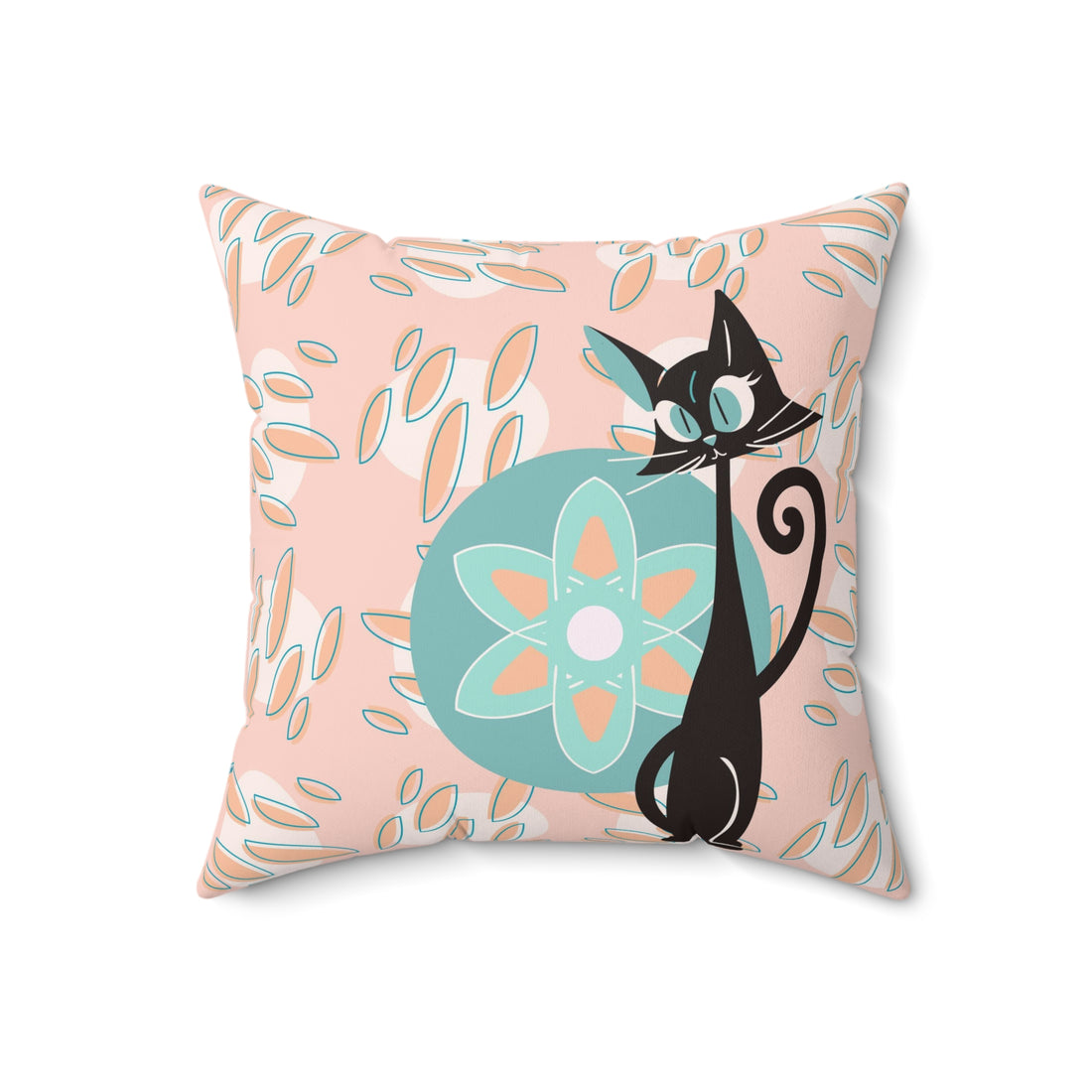 Atomic Cat, Groovy Retro Mid Century Modern Coral Pink, Blue, Orange, Hipster Pillow And Insert
