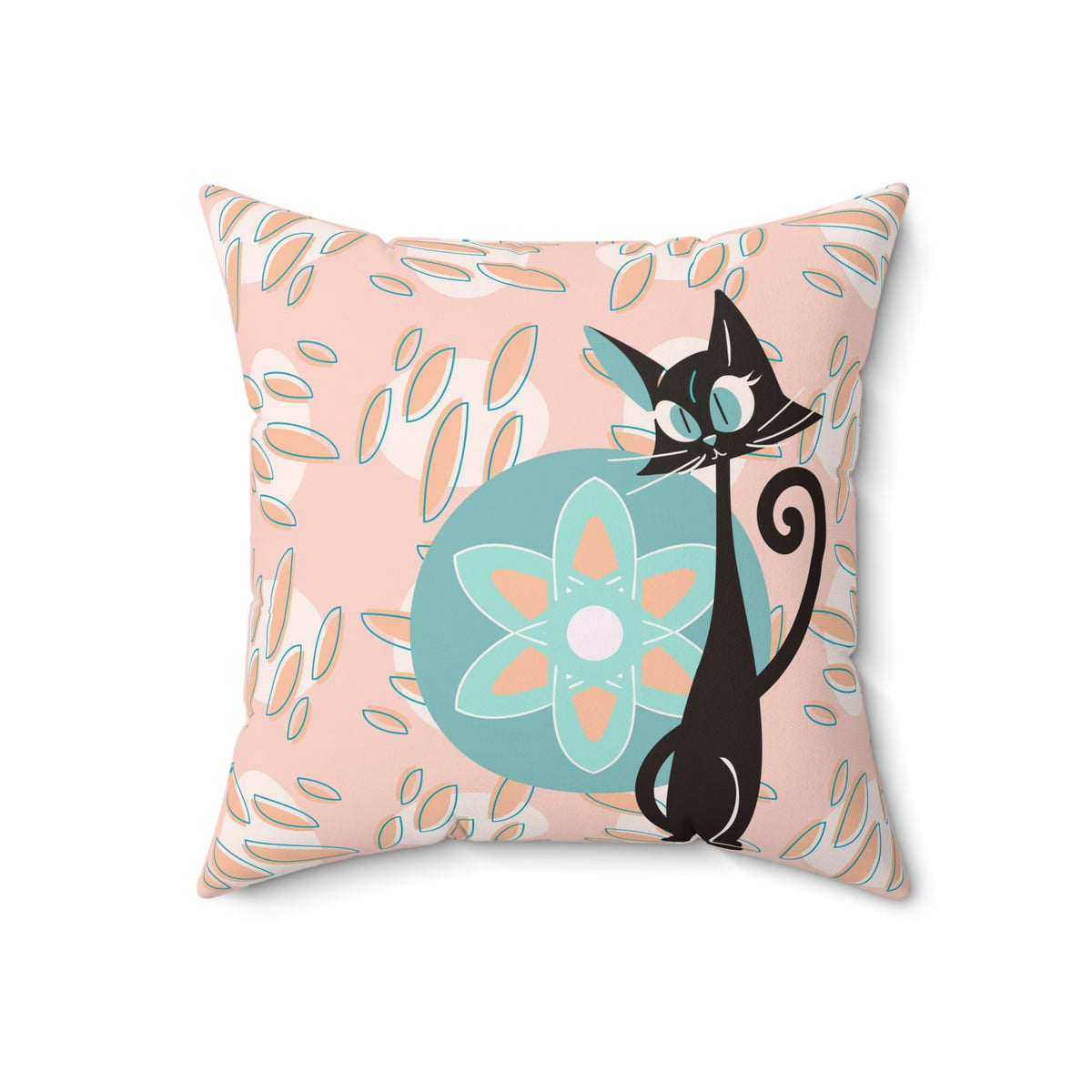 Atomic Cat, Groovy Retro Mid Century Modern Coral Pink, Blue, Orange, Hipster Pillow And Insert - Mid Century Modern Gal