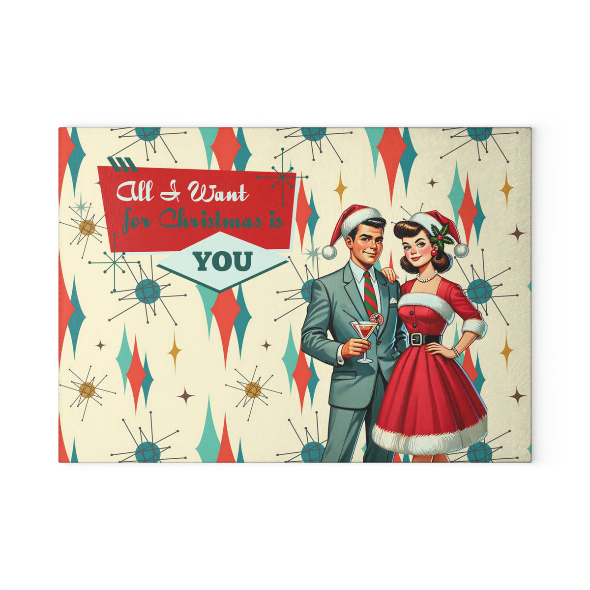 Mid Century Christmas Kitschy 50s Style Cheese Board, Holiday MCM Barware Glass Cutting Board - Mid Century Modern Gal