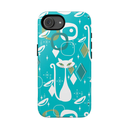 Atomic Cat Space Designs, Mid Century Modern, Aqua, White Kitschy Cat Tough Phone Case
