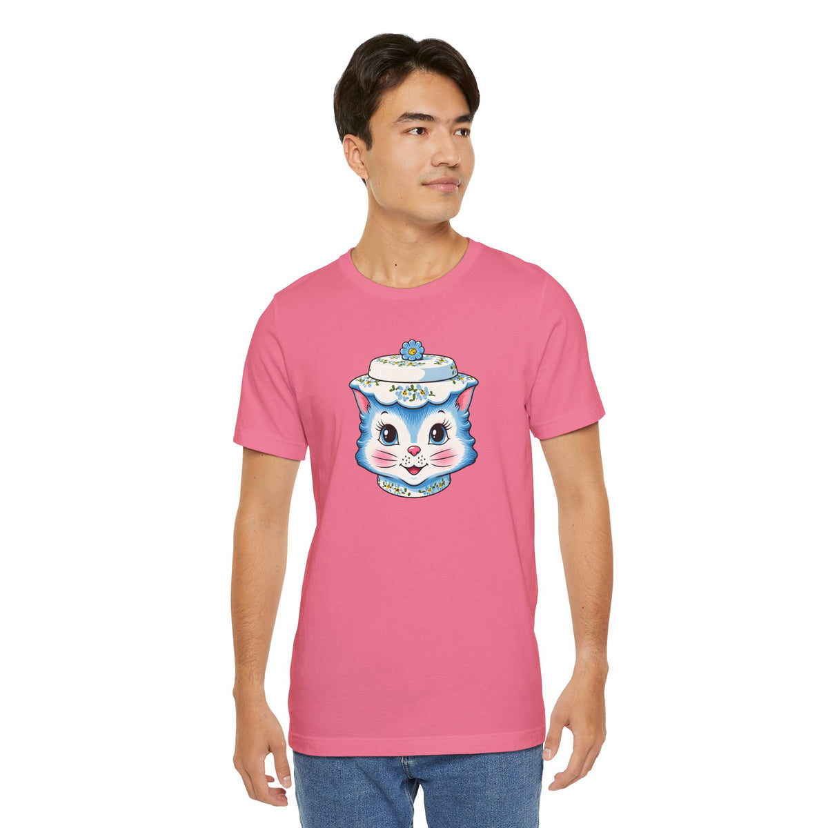 Mid Century Modern Kitschy Anthropomorphic Blue Cat with Floral Hat Unisex T-Shirt