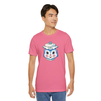 Mid Century Modern Kitschy Anthropomorphic Blue Cat with Floral Hat Unisex T-Shirt