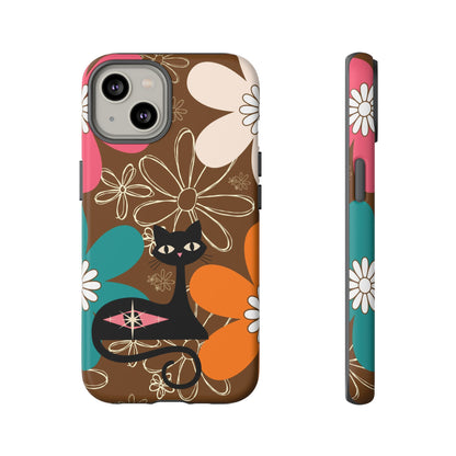 Atomic Cat Retro 70s Vibe Flower Power Tough Cases: Cute Floral and Cat Phone Case for Cat Lovers - Mid Century Modern Gal