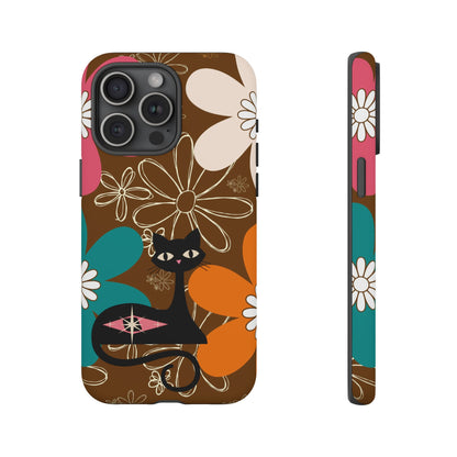 Atomic Cat Retro 70s Vibe Flower Power Tough Cases: Cute Floral and Cat Phone Case for Cat Lovers - Mid Century Modern Gal