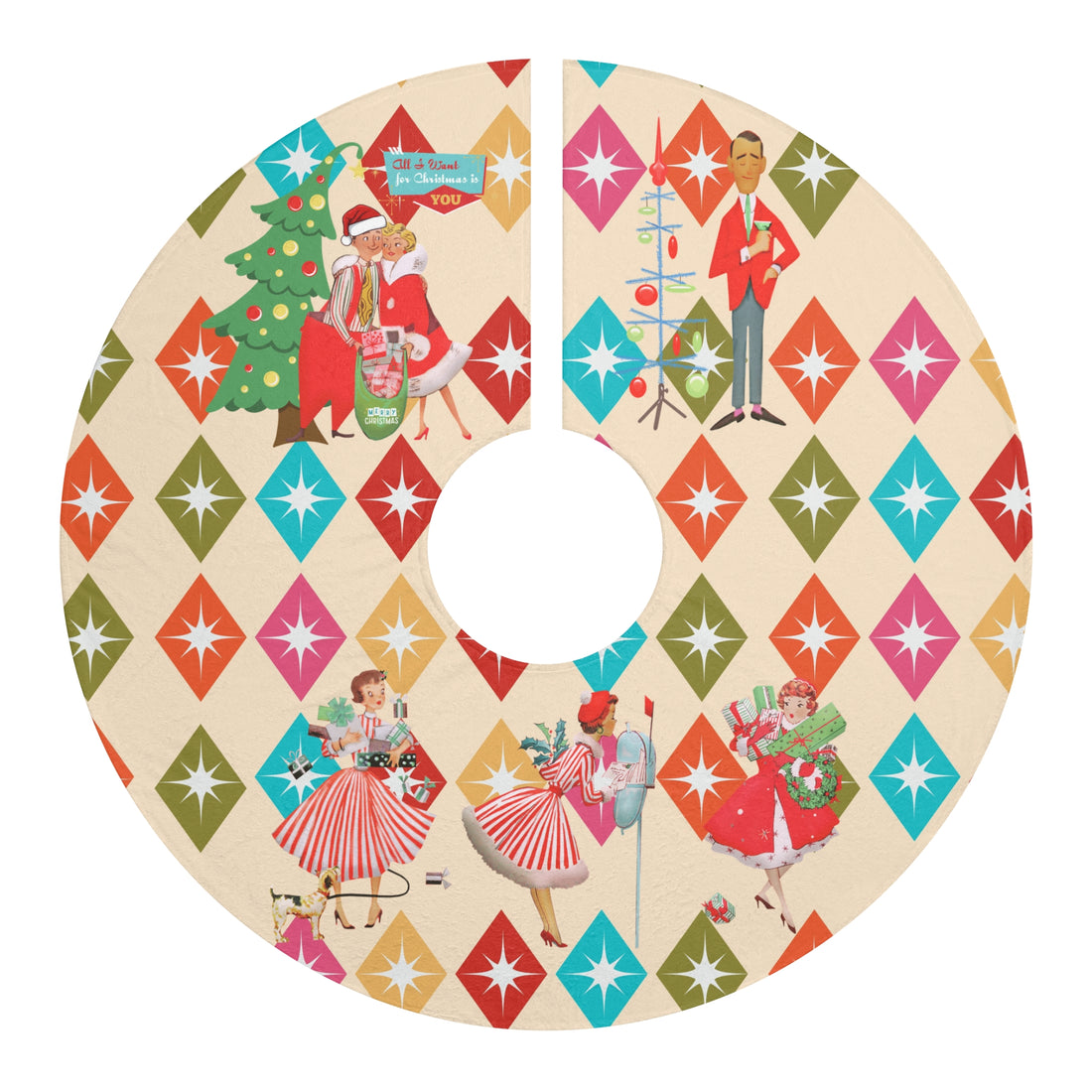 Vintage Retro Christmas Tree Skirt - Colorful Holiday Decor with Festive Characters