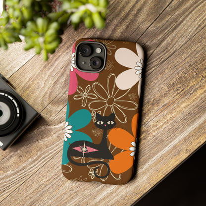 Atomic Cat Retro 70s Vibe Flower Power Tough Cases: Cute Floral and Cat Phone Case for Cat Lovers