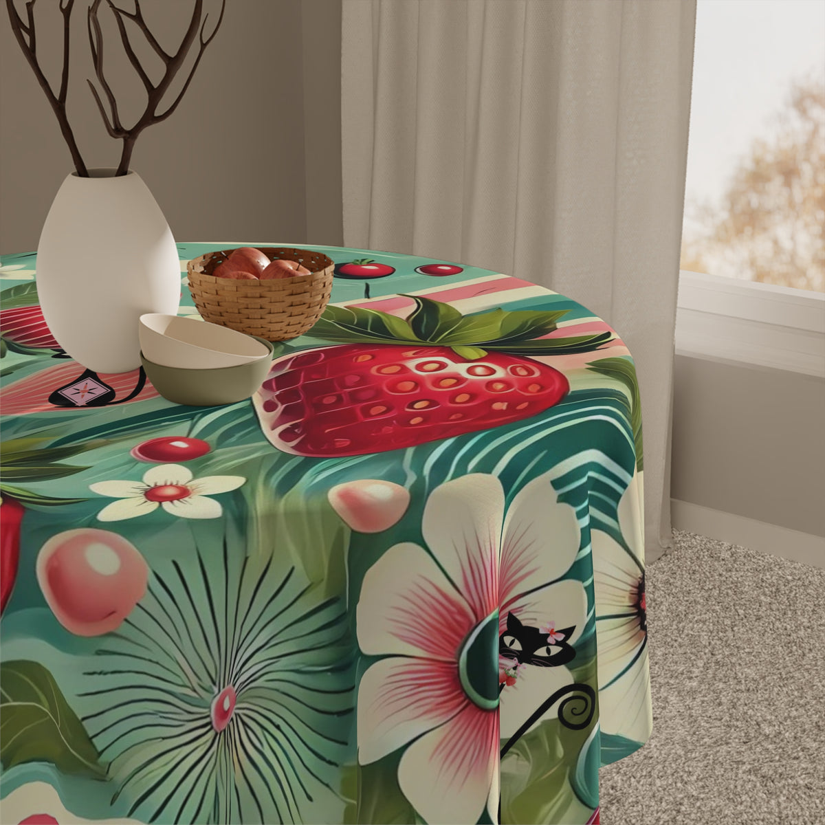 Atomic Cat, Vintage Cat and Strawberry Tablecloth - Perfect for Summer Gatherings & Celebrations - Mid Century Modern Gal