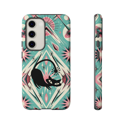Atomic Cat, Mid Century Modern Aqua Blue, Pink, Starbursts Tough Phone Case