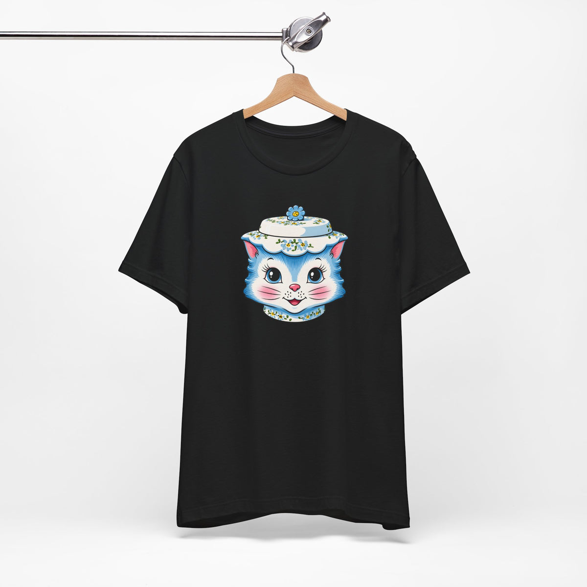 Mid Century Modern Kitschy Anthropomorphic Blue Cat with Floral Hat Unisex T-Shirt