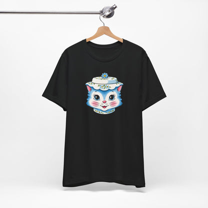 Mid Century Modern Kitschy Anthropomorphic Blue Cat with Floral Hat Unisex T-Shirt