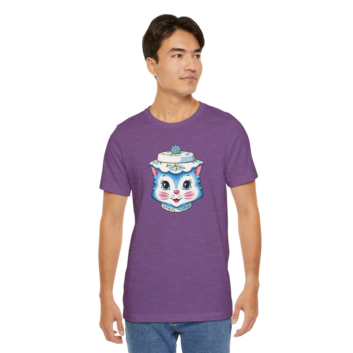 Mid Century Modern Kitschy Anthropomorphic Blue Cat with Floral Hat Unisex T-Shirt