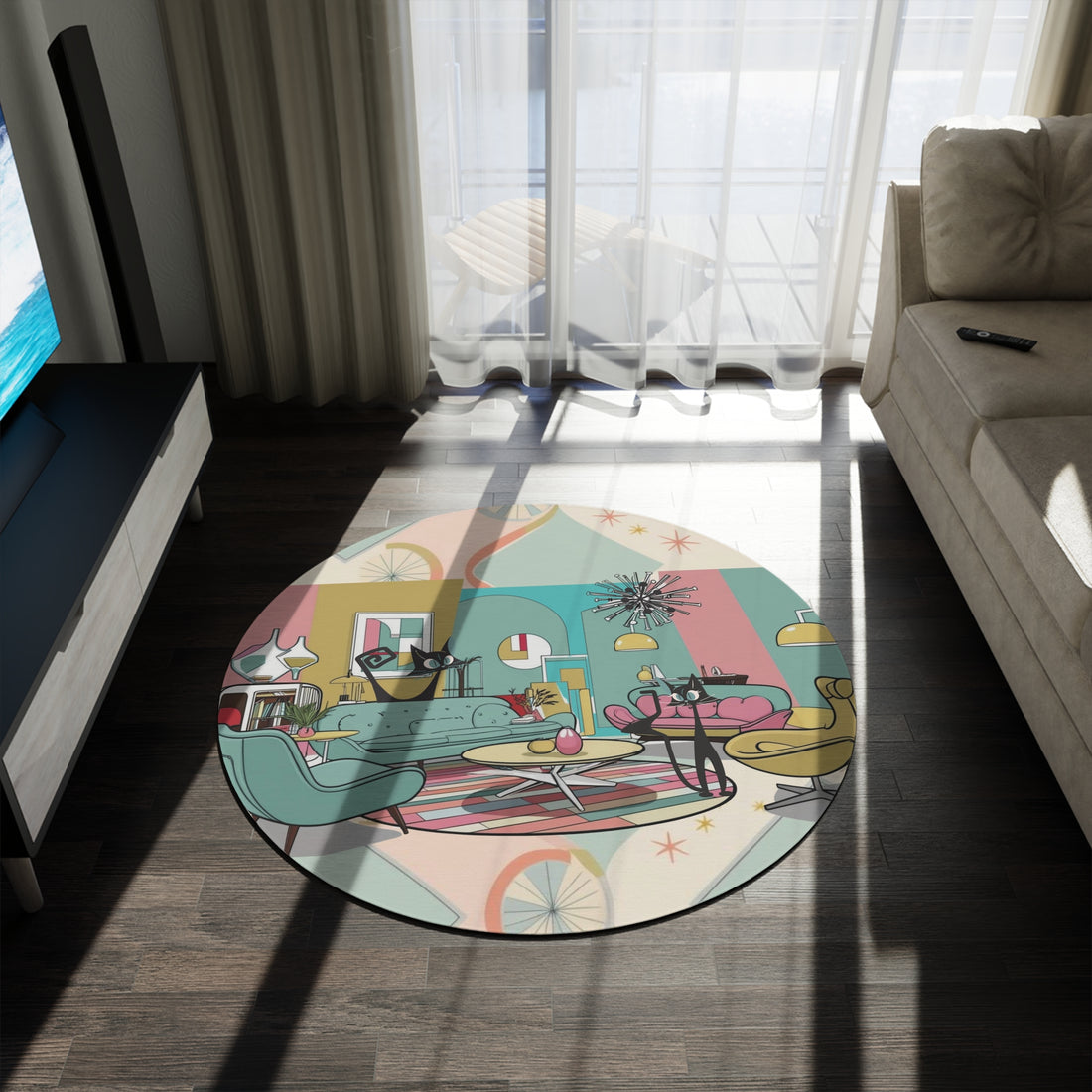 Atomic Cats, Quirky Fun Kitschy  Mod Mid-Century Modern Round Rug - Stylish Living Room Decor - Mid Century Modern Gal