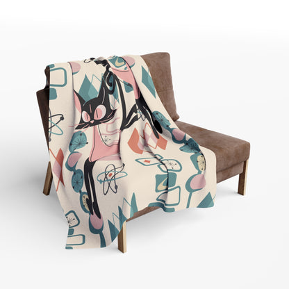 Atomic Cat Mid Century Modern Blanket, Kitschy Fun Quirky MCM Home Decor Lightweigt Fleece Blanket