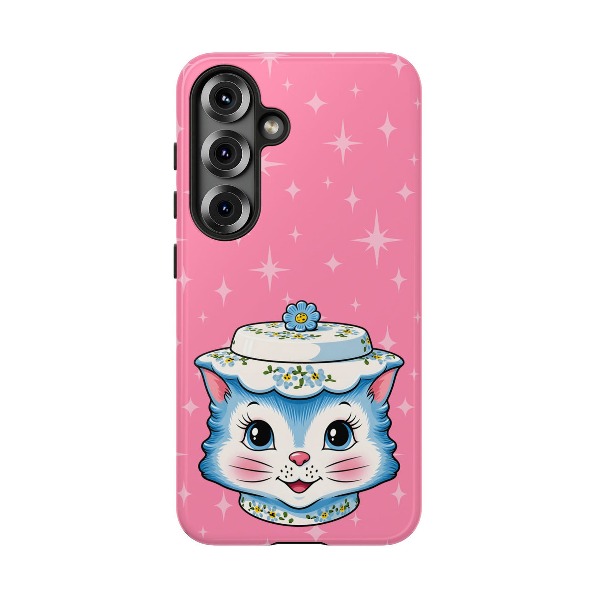 Mid Century Modern Kitschy Anthropomorphic Blue Cat with Floral Hat Tough Phone Case