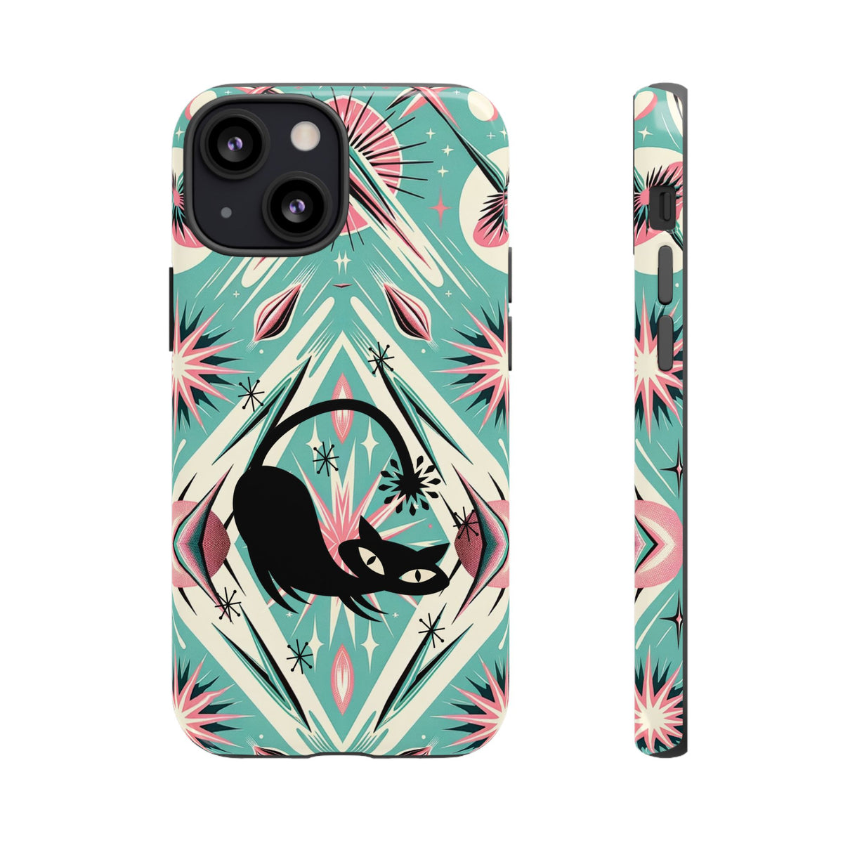 Atomic Cat, Mid Century Modern Aqua Blue, Pink, Starbursts Tough Phone Case